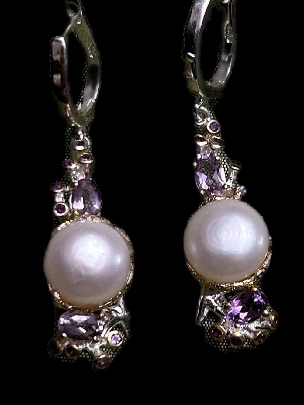 Genuine Pearl Earrings with Rose Du France Amethyst